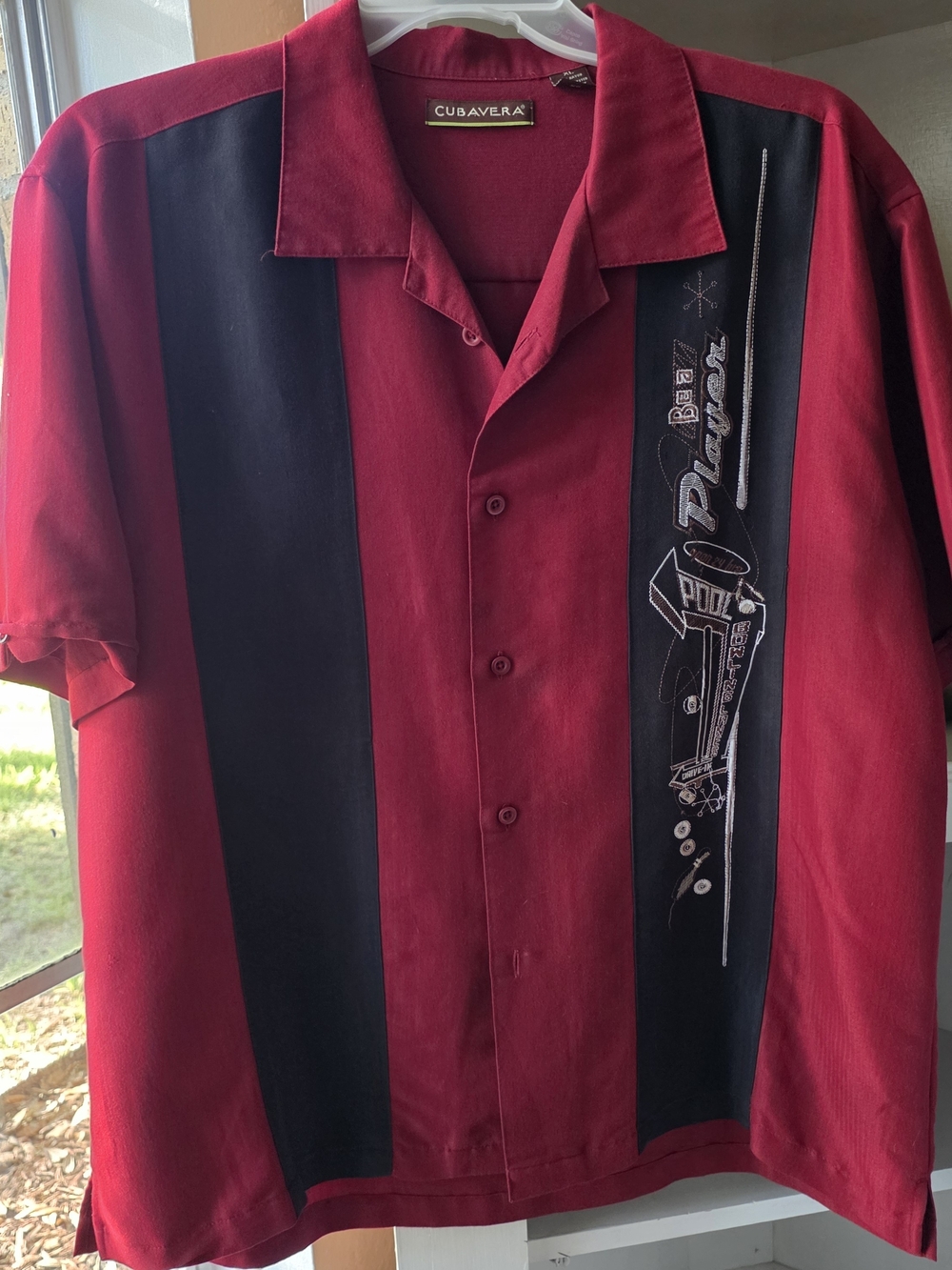 Cubavera Red and Black Vertical Stripe Button-Down Camp Shirt with Graphic